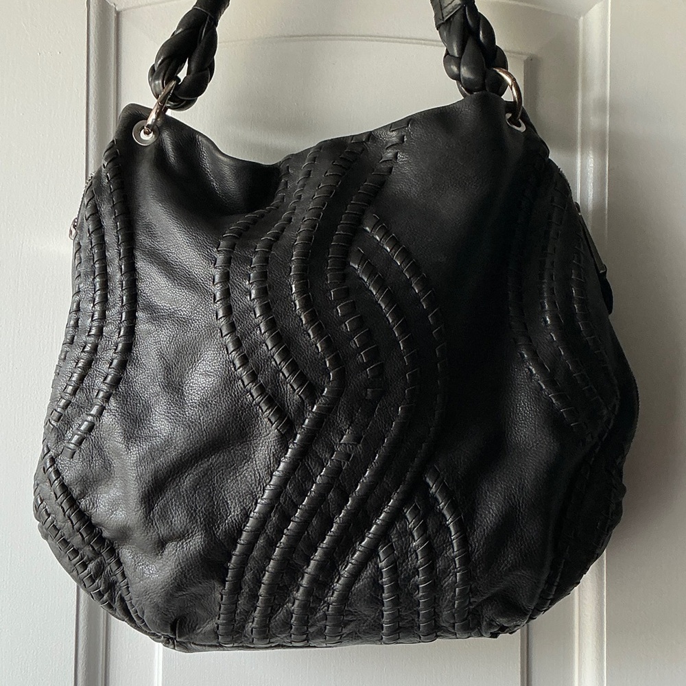 Kenar genuine leather Black Whipstitched Wave Braided Handle Shoulder Hobo purse